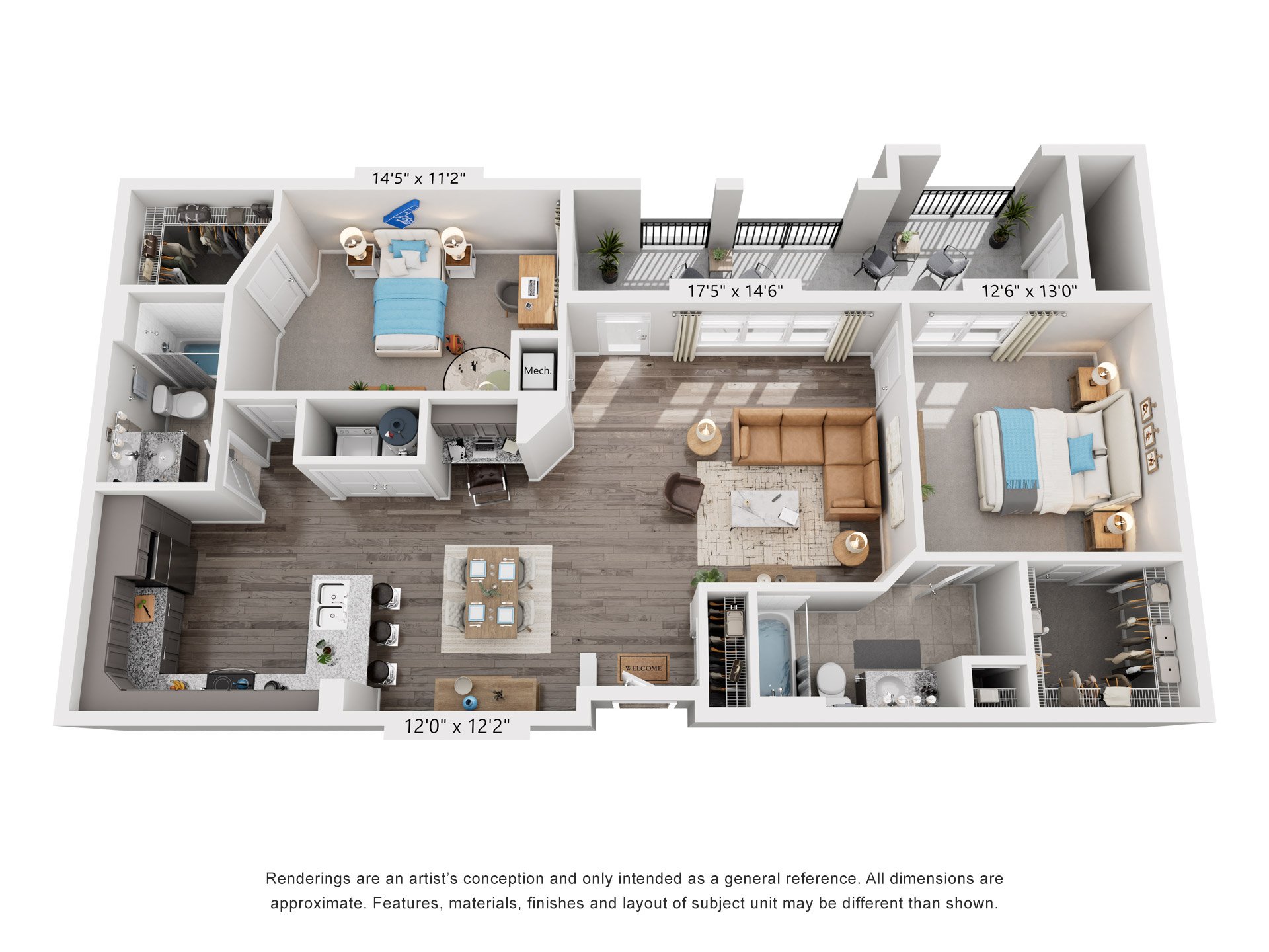 Floor plan for 2 beds, 2 baths, 1221 sqft